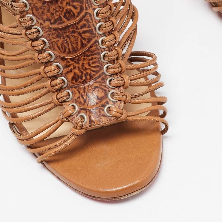 Pre Owned Christian Louboutin Brown Croc Embossed Leather Caged Karina Ankle Boots Size 36.5
