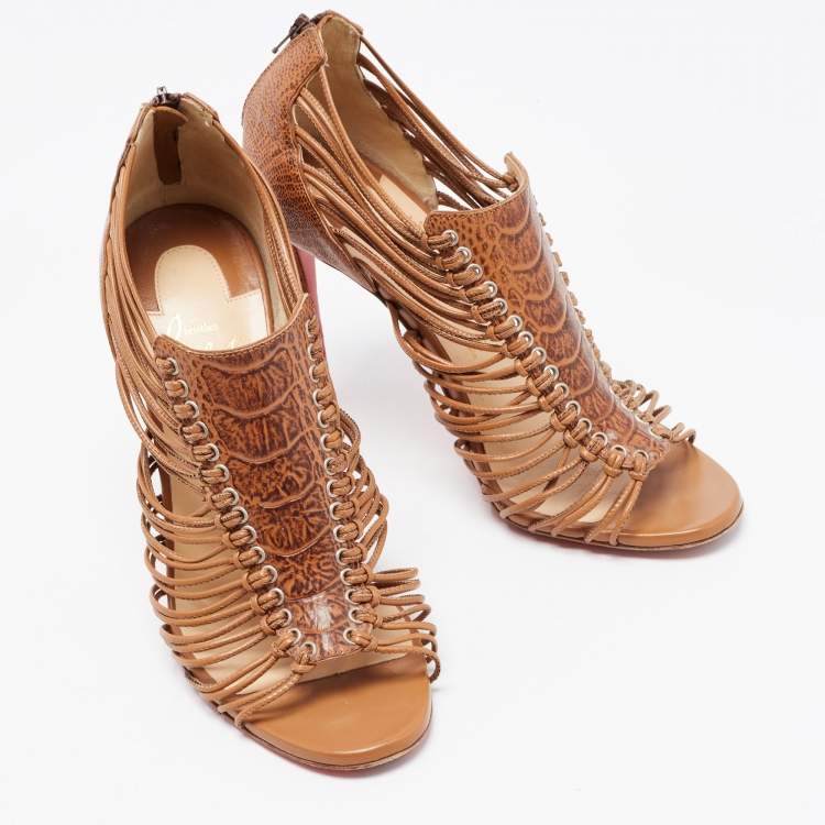 Pre Owned Christian Louboutin Brown Croc Embossed Leather Caged Karina Ankle Boots Size 36.5