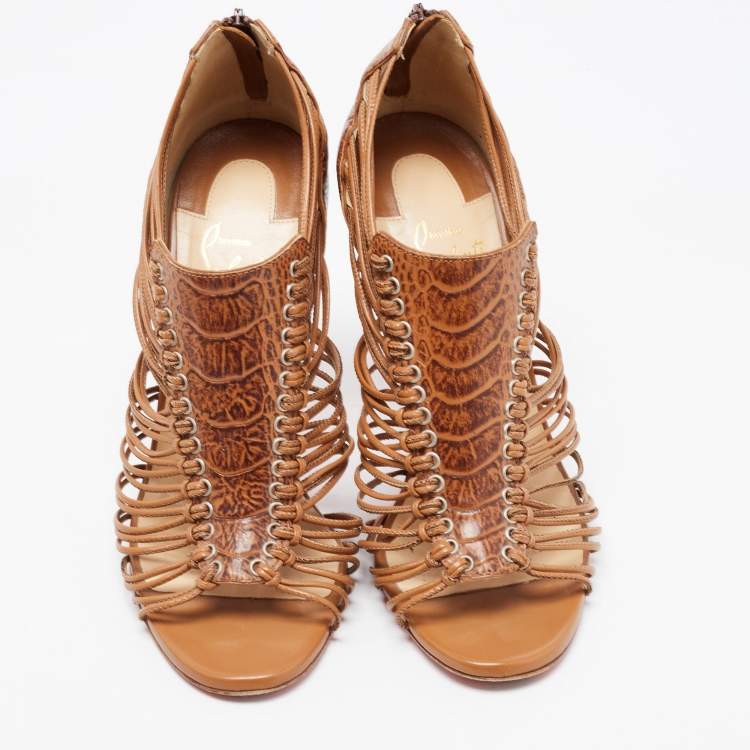 Pre Owned Christian Louboutin Brown Croc Embossed Leather Caged Karina Ankle Boots Size 36.5