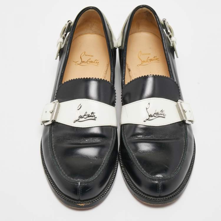 Pre Owned Christian Louboutin Black/White Leather Monmoc Loafers Size 39.5