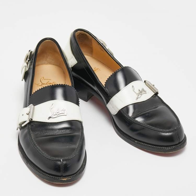 Pre Owned Christian Louboutin Black/White Leather Monmoc Loafers Size 39.5
