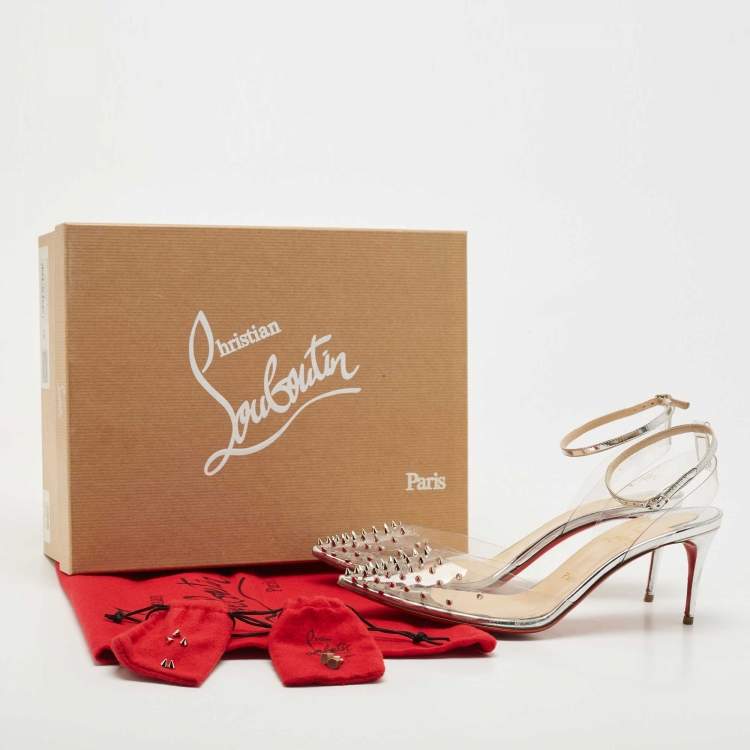 Pre Owned Christian Louboutin Transparent/Silver Leather and PVC Spikoo Pumps Size 39