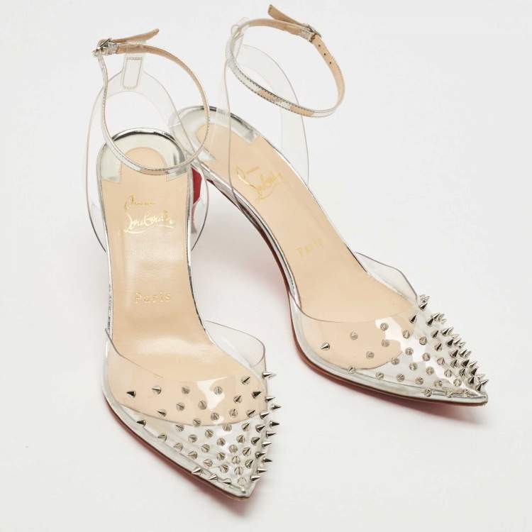 Pre Owned Christian Louboutin Transparent/Silver Leather and PVC Spikoo Pumps Size 39
