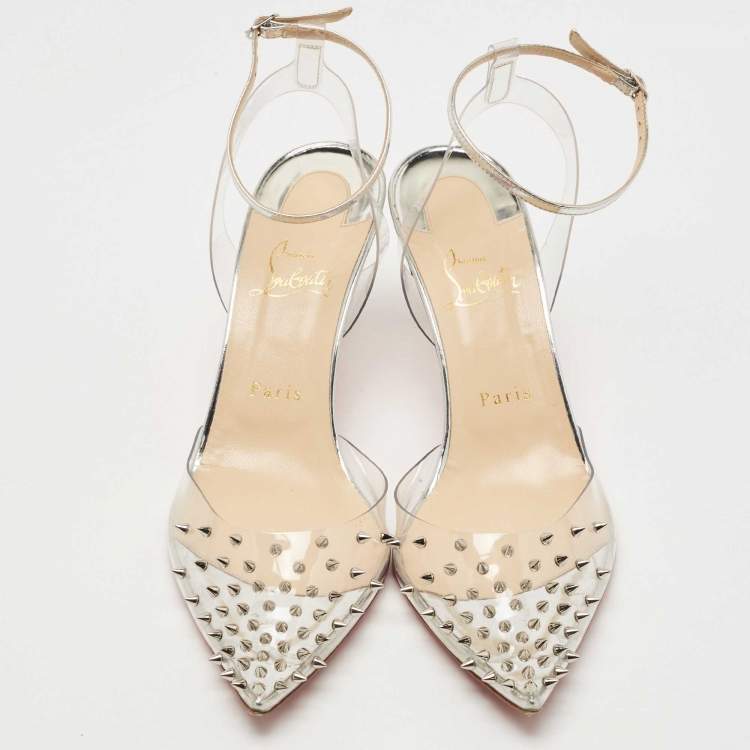 Pre Owned Christian Louboutin Transparent/Silver Leather and PVC Spikoo Pumps Size 39