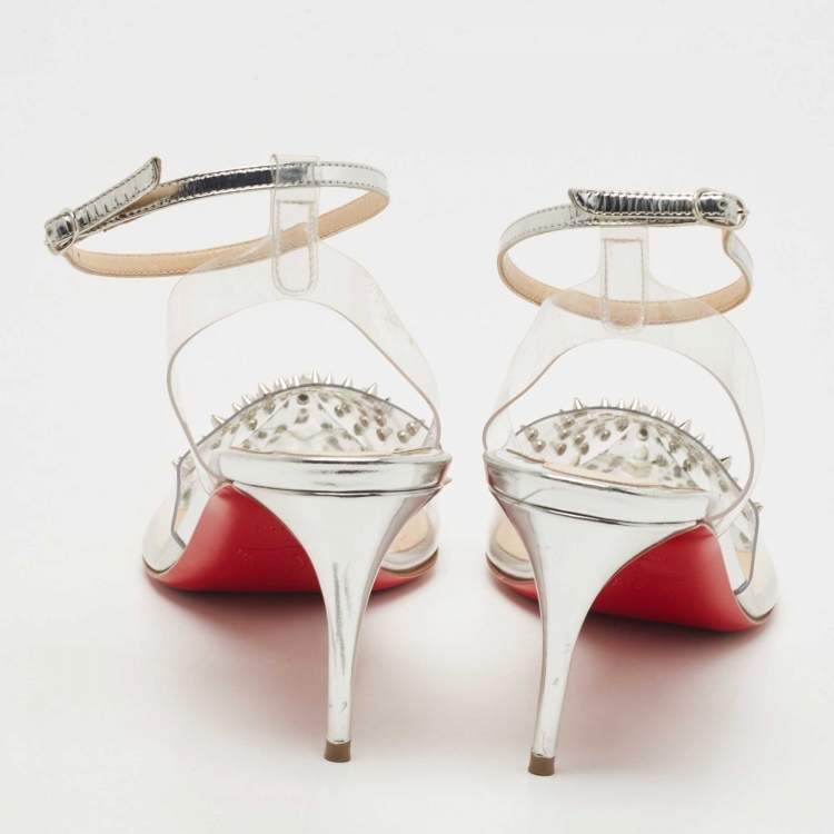 Pre Owned Christian Louboutin Transparent/Silver Leather and PVC Spikoo Pumps Size 39