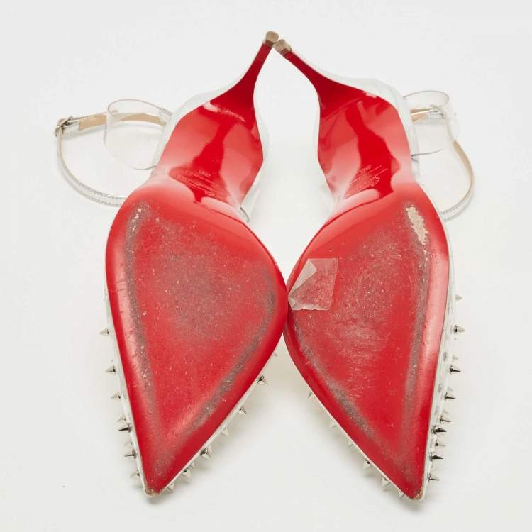 Pre Owned Christian Louboutin Transparent/Silver Leather and PVC Spikoo Pumps Size 39
