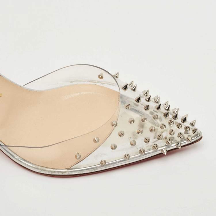 Pre Owned Christian Louboutin Transparent/Silver Leather and PVC Spikoo Pumps Size 39