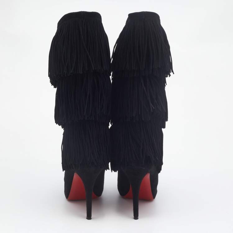 Pre Owned Christian Louboutin Black Suede Fringe Calf Length Boots Size 39