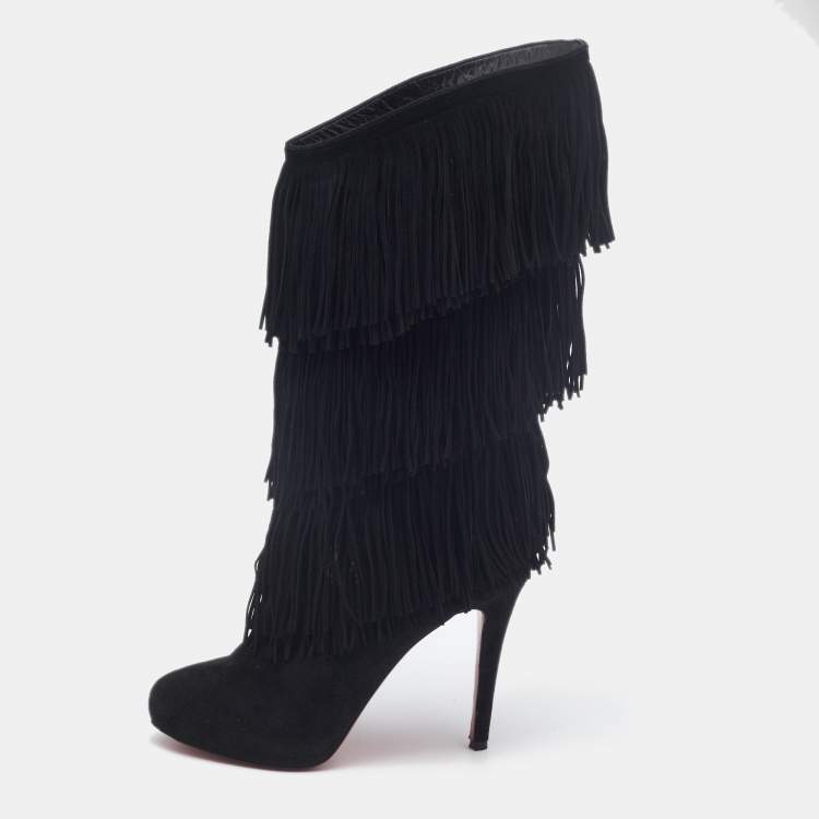Pre Owned Christian Louboutin Black Suede Fringe Calf Length Boots Size 39