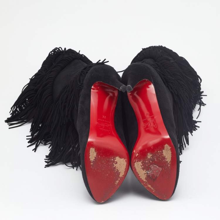 Pre Owned Christian Louboutin Black Suede Fringe Calf Length Boots Size 39