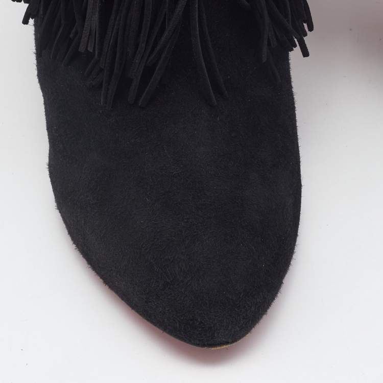 Pre Owned Christian Louboutin Black Suede Fringe Calf Length Boots Size 39