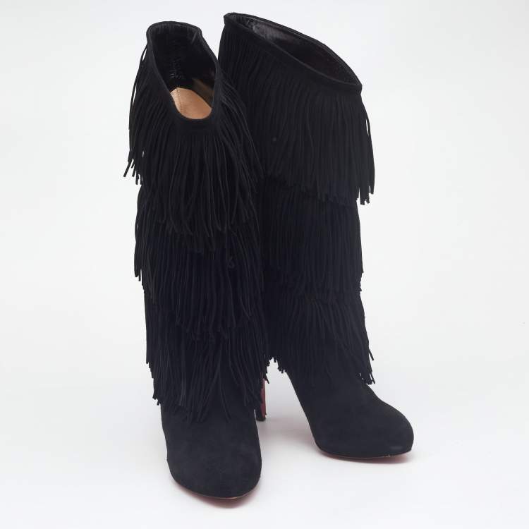 Pre Owned Christian Louboutin Black Suede Fringe Calf Length Boots Size 39