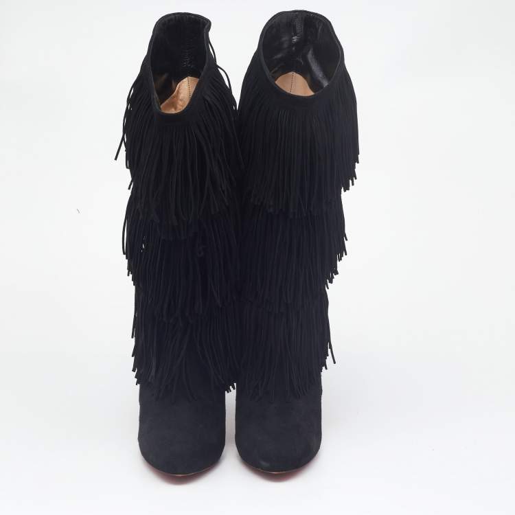 Pre Owned Christian Louboutin Black Suede Fringe Calf Length Boots Size 39