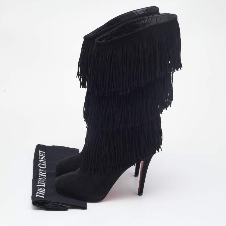 Pre Owned Christian Louboutin Black Suede Fringe Calf Length Boots Size 39