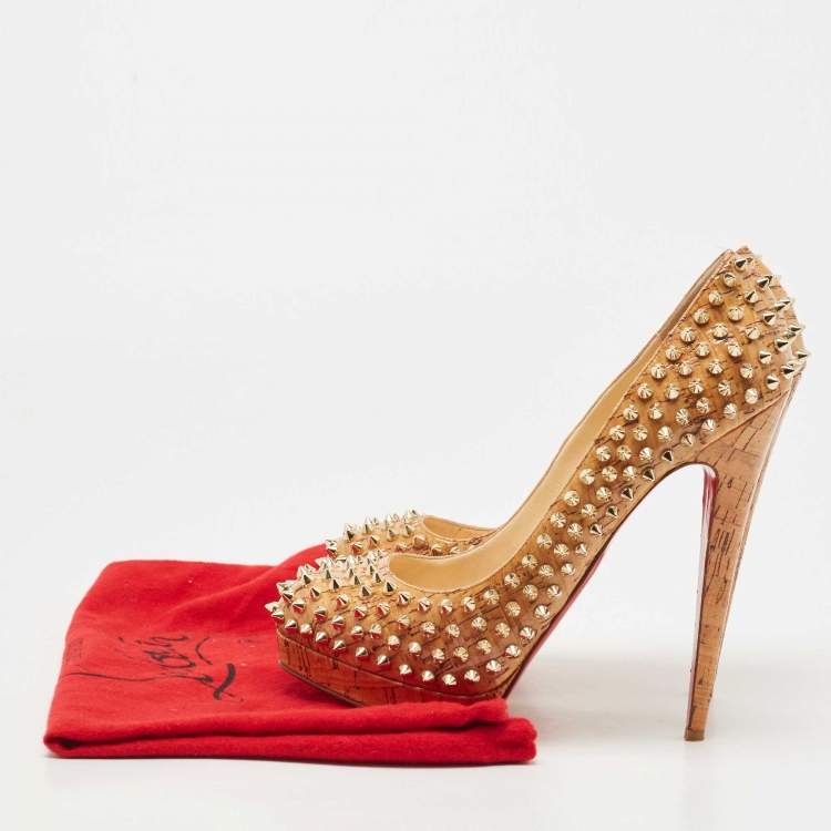 Pre Owned Christian Louboutin Tan Cork Alti Spike Platform Pumps Size 41
