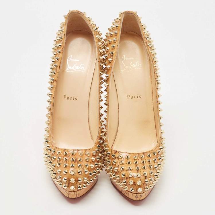 Pre Owned Christian Louboutin Tan Cork Alti Spike Platform Pumps Size 41