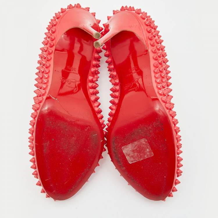 Pre Owned Christian Louboutin Coral Pink Patent Leather Fifi Spikes Pumps Size 36.5