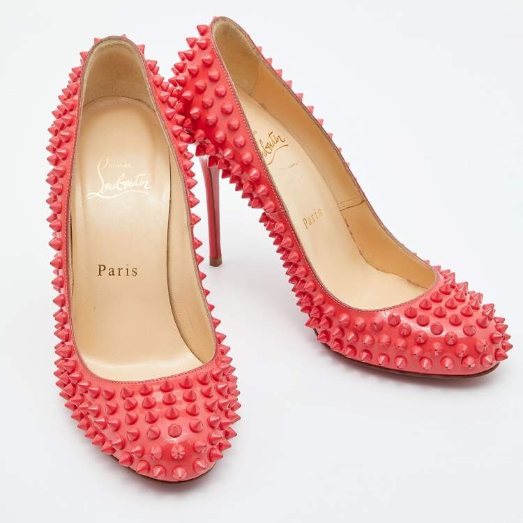 Pre Owned Christian Louboutin Coral Pink Patent Leather Fifi Spikes Pumps Size 36.5