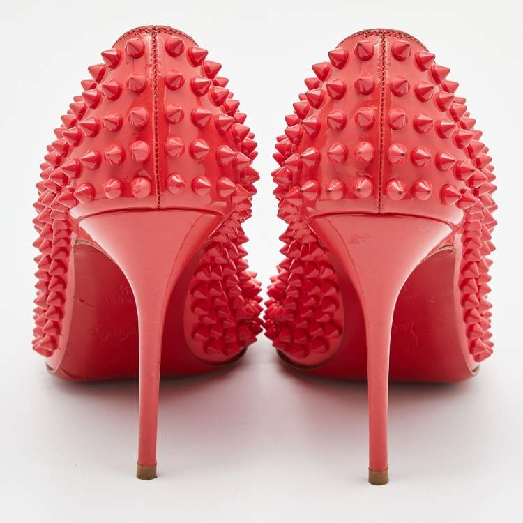 Pre Owned Christian Louboutin Coral Pink Patent Leather Fifi Spikes Pumps Size 36.5