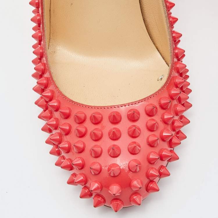 Pre Owned Christian Louboutin Coral Pink Patent Leather Fifi Spikes Pumps Size 36.5