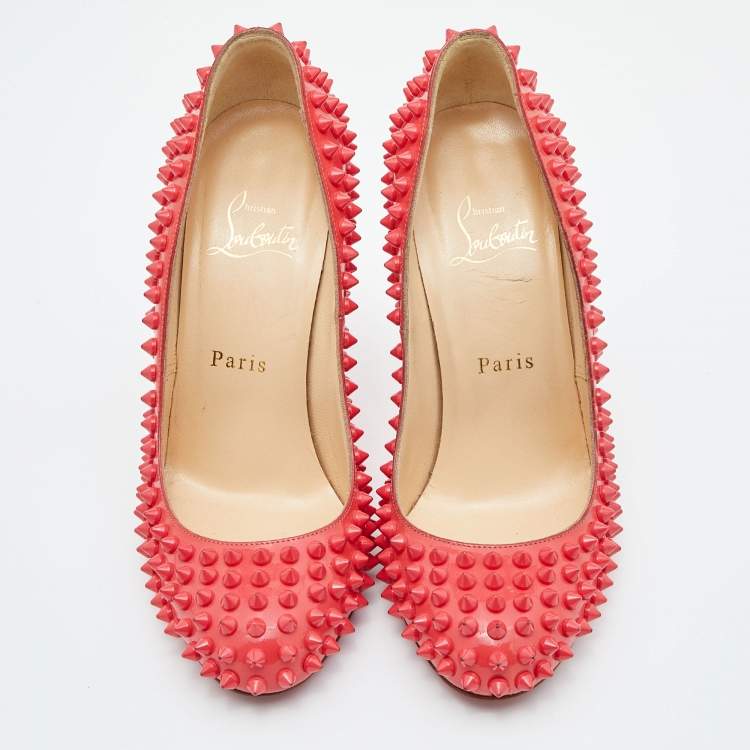 Pre Owned Christian Louboutin Coral Pink Patent Leather Fifi Spikes Pumps Size 36.5