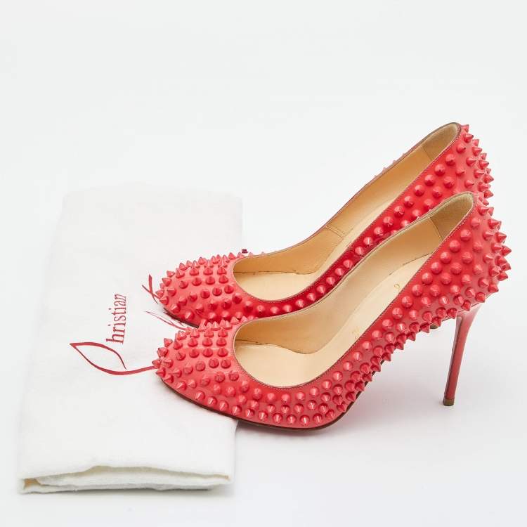 Pre Owned Christian Louboutin Coral Pink Patent Leather Fifi Spikes Pumps Size 36.5