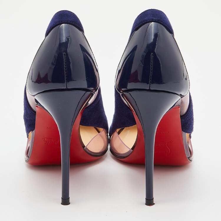 Pre Owned Christian Louboutin Blue Suede ,Patent and Python Leather Galata Pointed Toe Cutout Pumps Size 36