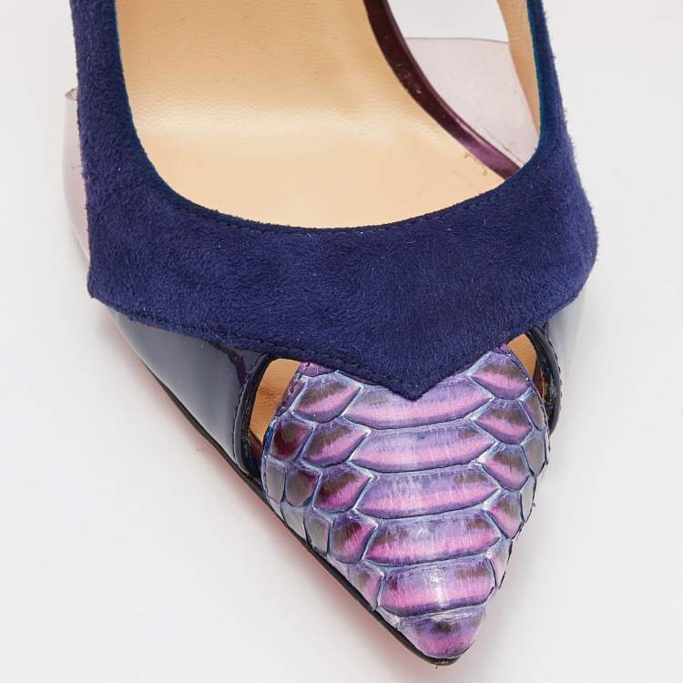 Pre Owned Christian Louboutin Blue Suede ,Patent and Python Leather Galata Pointed Toe Cutout Pumps Size 36