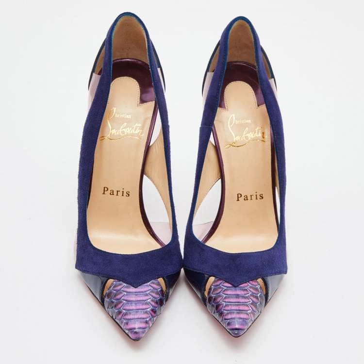 Pre Owned Christian Louboutin Blue Suede ,Patent and Python Leather Galata Pointed Toe Cutout Pumps Size 36