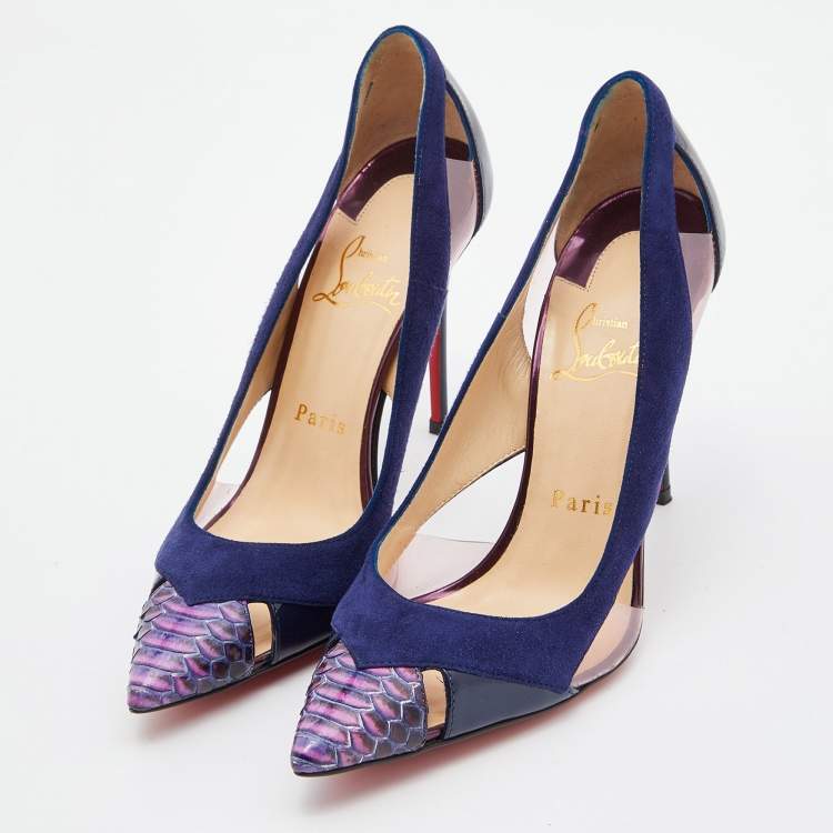 Pre Owned Christian Louboutin Blue Suede ,Patent and Python Leather Galata Pointed Toe Cutout Pumps Size 36
