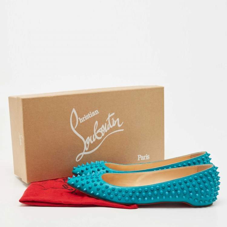 Pre Owned Christian Louboutin Turquoise Leather Pigalle Spikes Ballet Flats Size 41