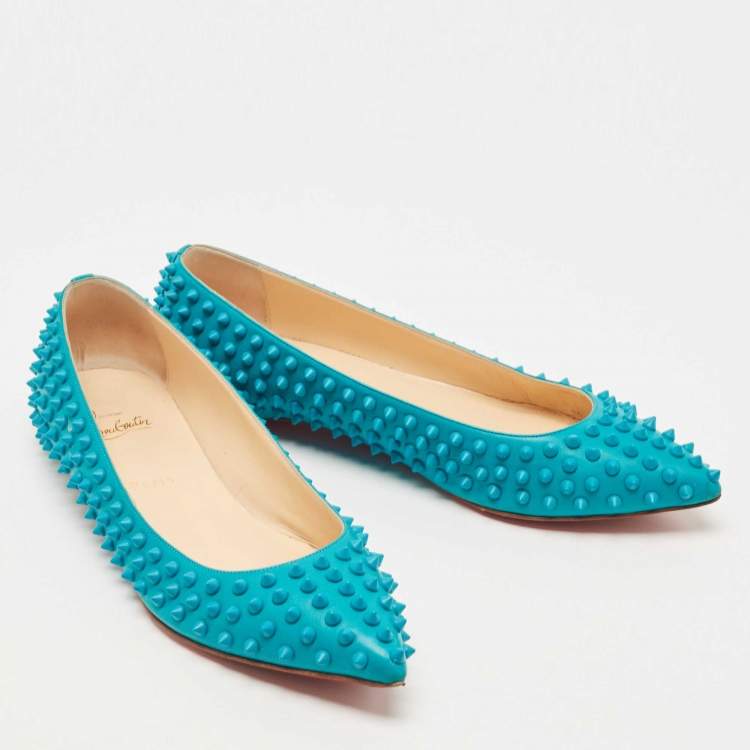 Pre Owned Christian Louboutin Turquoise Leather Pigalle Spikes Ballet Flats Size 41