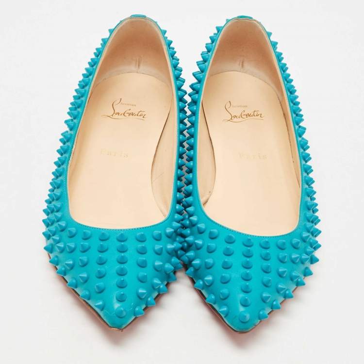 Pre Owned Christian Louboutin Turquoise Leather Pigalle Spikes Ballet Flats Size 41