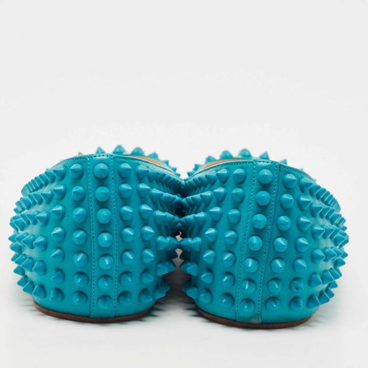 Pre Owned Christian Louboutin Turquoise Leather Pigalle Spikes Ballet Flats Size 41