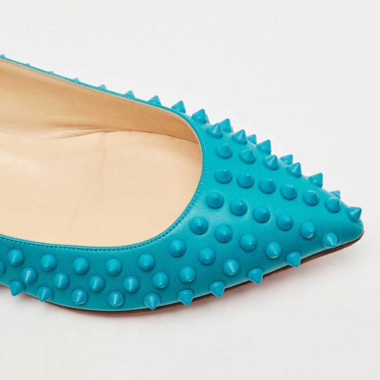 Pre Owned Christian Louboutin Turquoise Leather Pigalle Spikes Ballet Flats Size 41