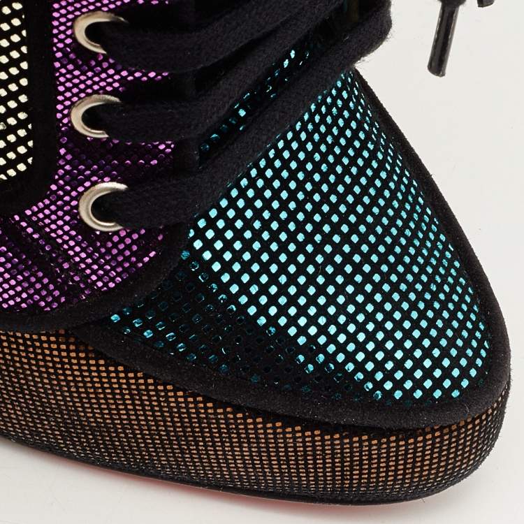 Pre Owned Christian Louboutin Metallic Laminated Suede Venus Orlato Lace Up Booties Size 39.5