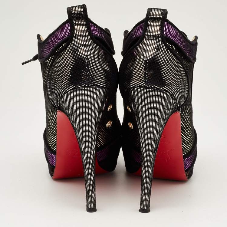 Pre Owned Christian Louboutin Metallic Laminated Suede Venus Orlato Lace Up Booties Size 39.5