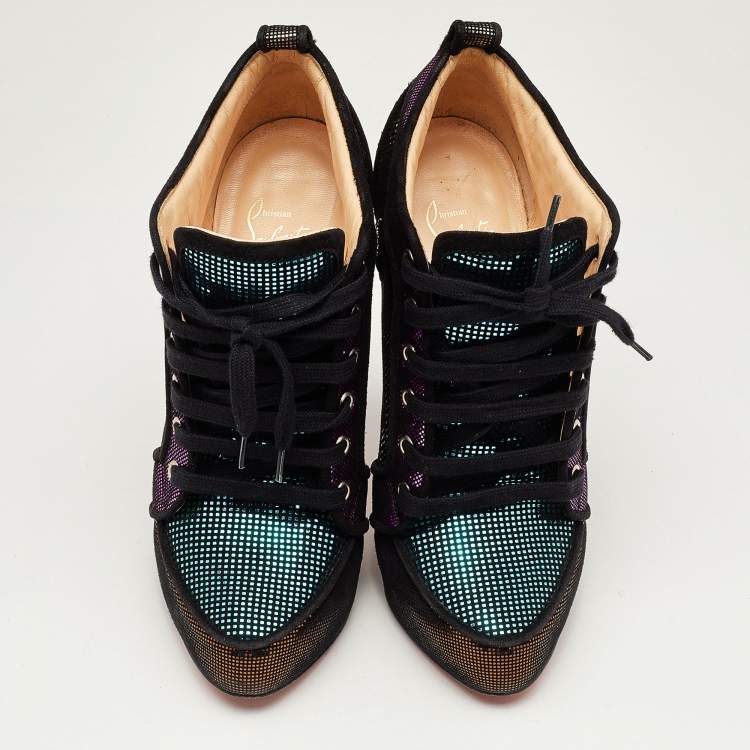 Pre Owned Christian Louboutin Metallic Laminated Suede Venus Orlato Lace Up Booties Size 39.5