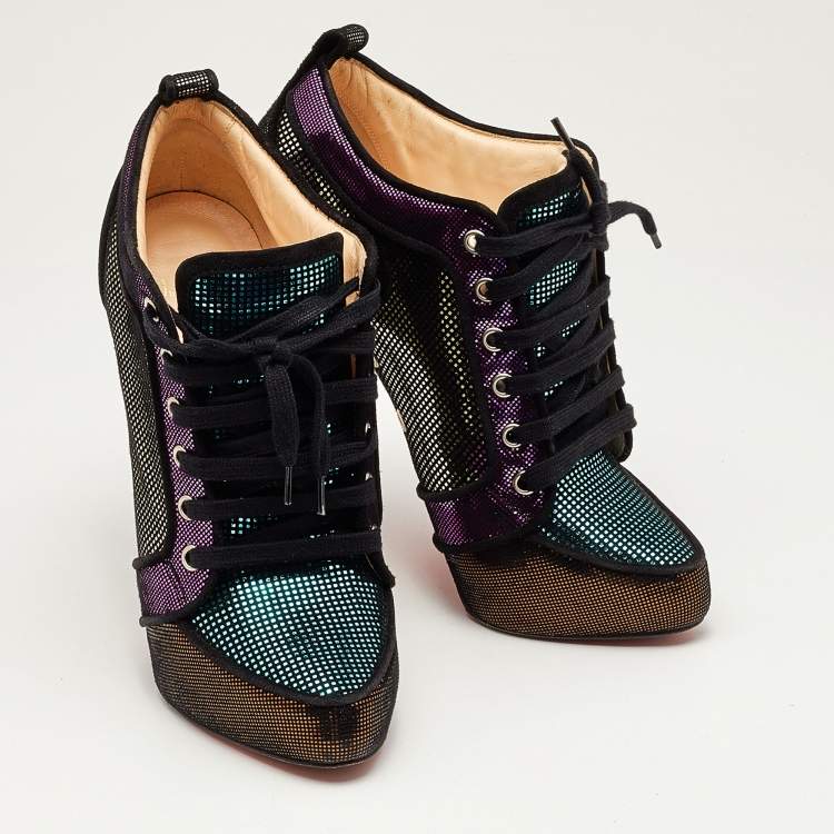 Pre Owned Christian Louboutin Metallic Laminated Suede Venus Orlato Lace Up Booties Size 39.5