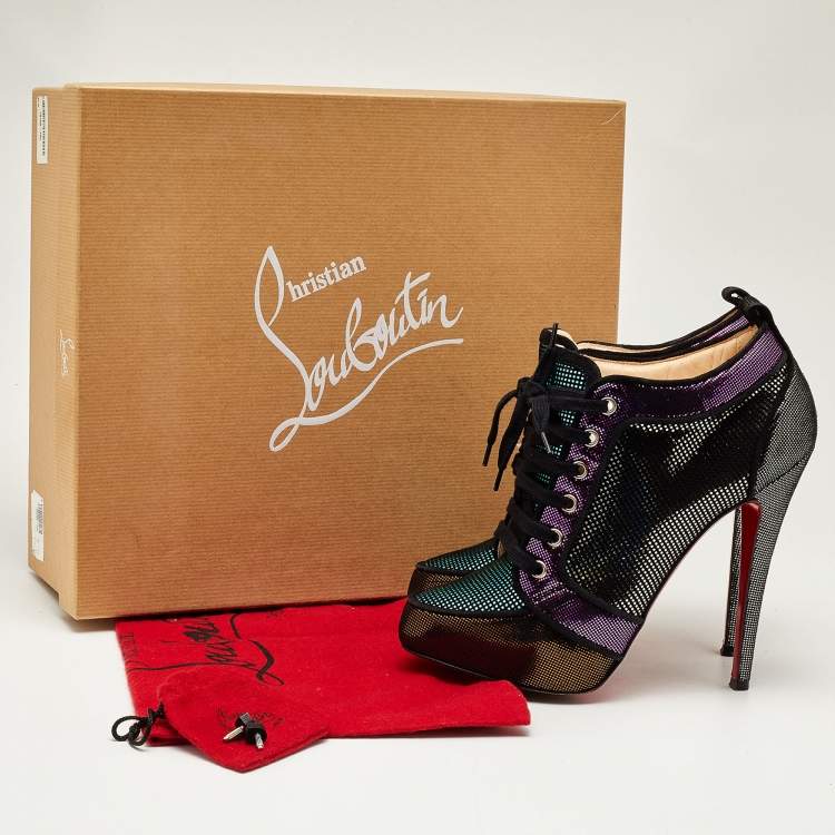 Pre Owned Christian Louboutin Metallic Laminated Suede Venus Orlato Lace Up Booties Size 39.5