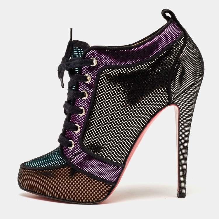 Pre Owned Christian Louboutin Metallic Laminated Suede Venus Orlato Lace Up Booties Size 39.5