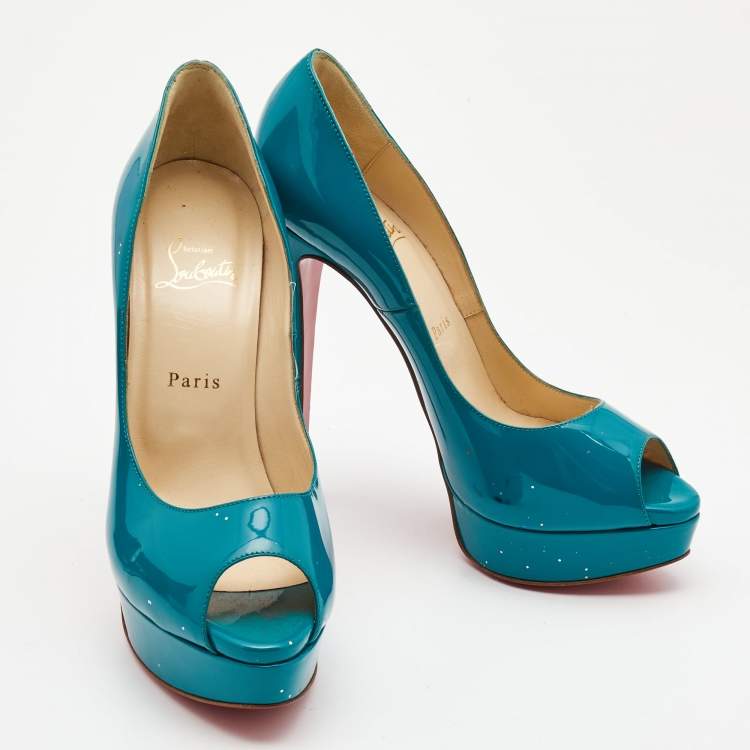 Pre Owned Christian Louboutin Teal Green Patent Leather Lady Peep Pumps Size 40