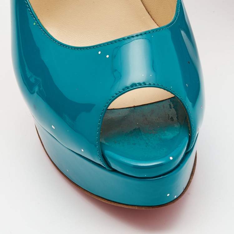 Pre Owned Christian Louboutin Teal Green Patent Leather Lady Peep Pumps Size 40