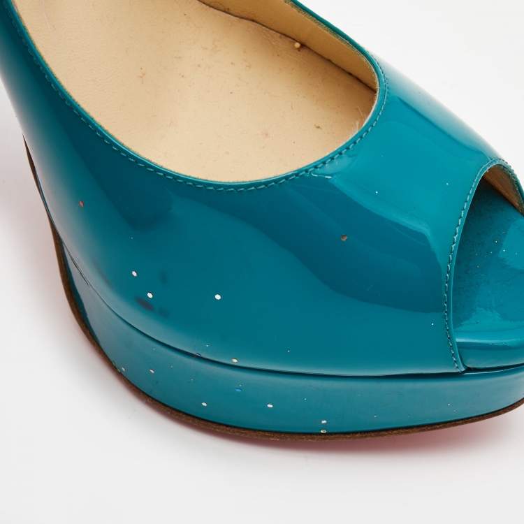 Pre Owned Christian Louboutin Teal Green Patent Leather Lady Peep Pumps Size 40