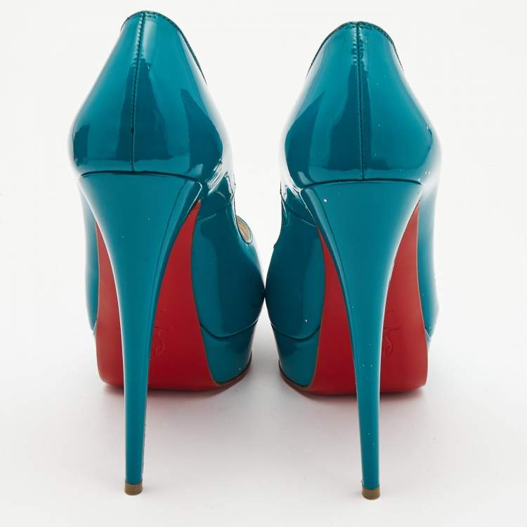Pre Owned Christian Louboutin Teal Green Patent Leather Lady Peep Pumps Size 40
