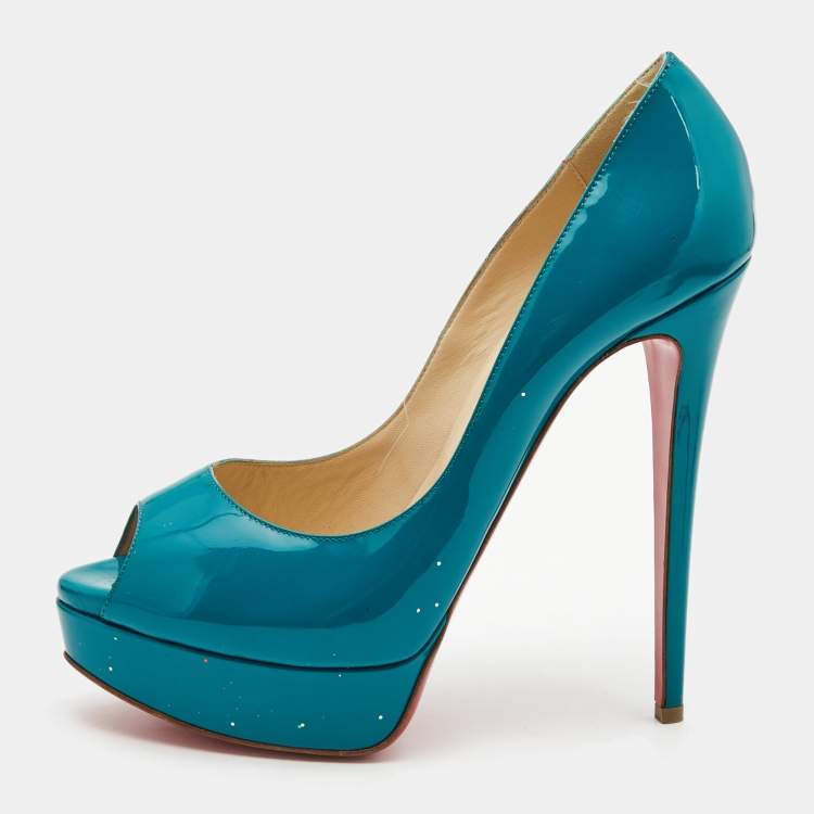 Pre Owned Christian Louboutin Teal Green Patent Leather Lady Peep Pumps Size 40