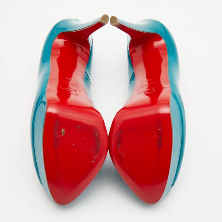 Pre Owned Christian Louboutin Teal Green Patent Leather Lady Peep Pumps Size 40