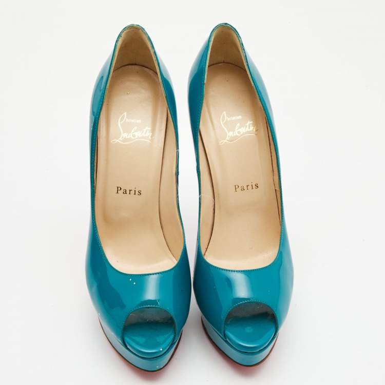 Pre Owned Christian Louboutin Teal Green Patent Leather Lady Peep Pumps Size 40