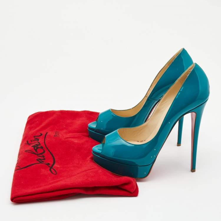 Pre Owned Christian Louboutin Teal Green Patent Leather Lady Peep Pumps Size 40