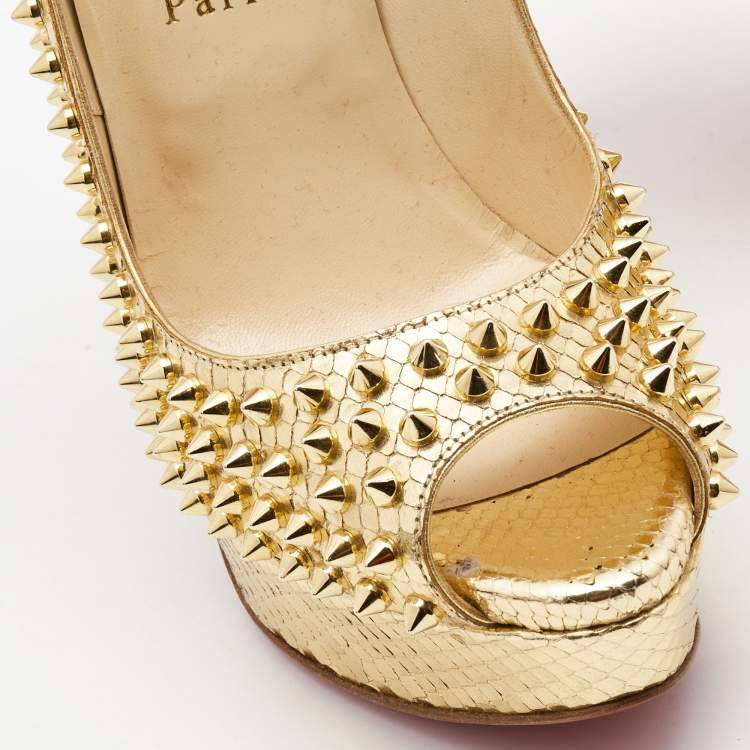 Pre Owned Christian Louboutin Gold Python Embossed Leather Lady Peep Spikes Pumps Size 40